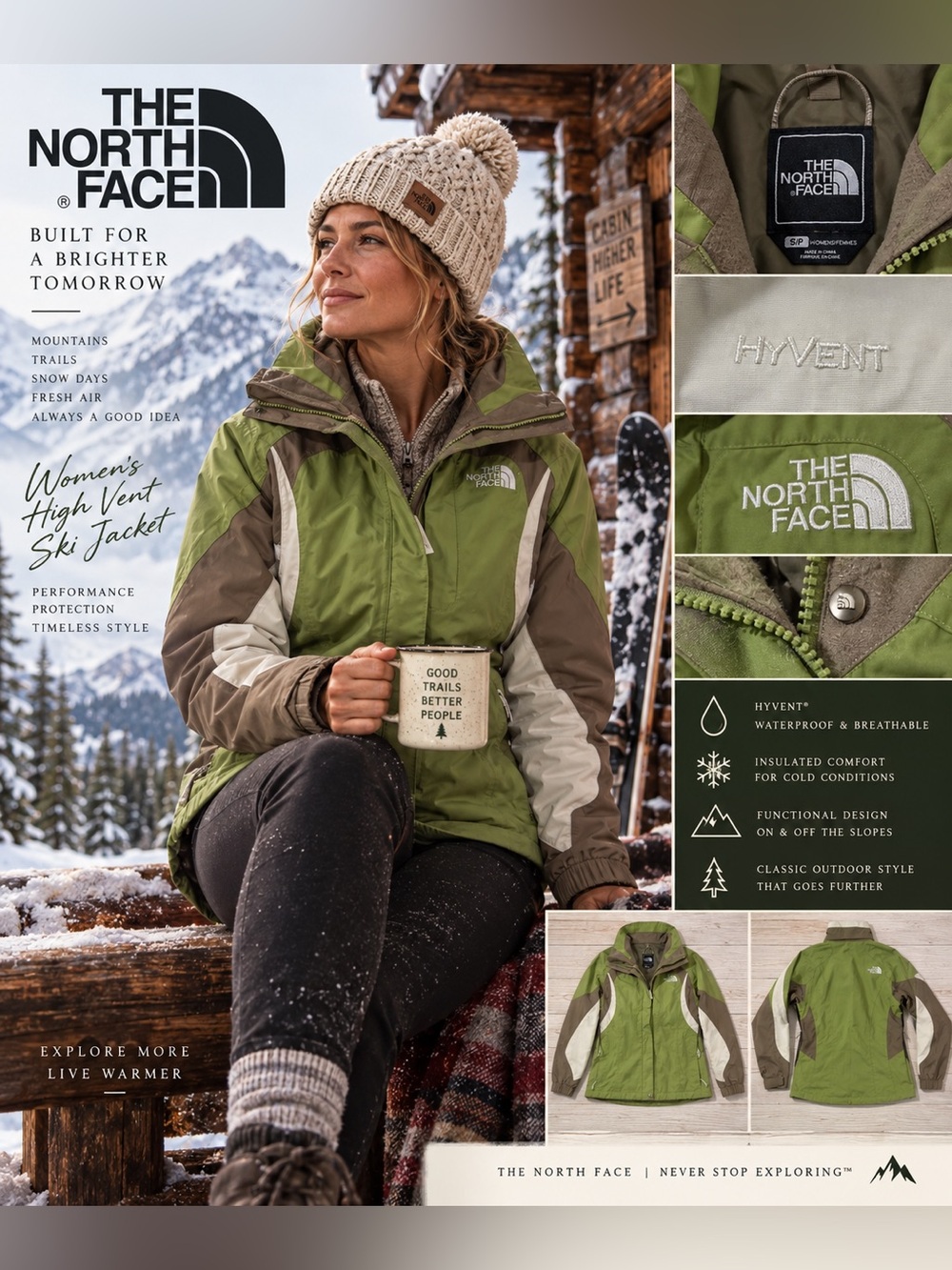 The North Face HyVent Women’s S Green Brown Ski Jacket Y2K Snowboard Gorpcore